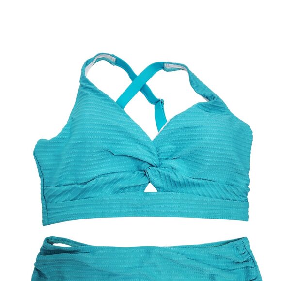 Womens Teal Textured High-Waisted Bikini Set Size L Swimsuit - Picture 2 of 5